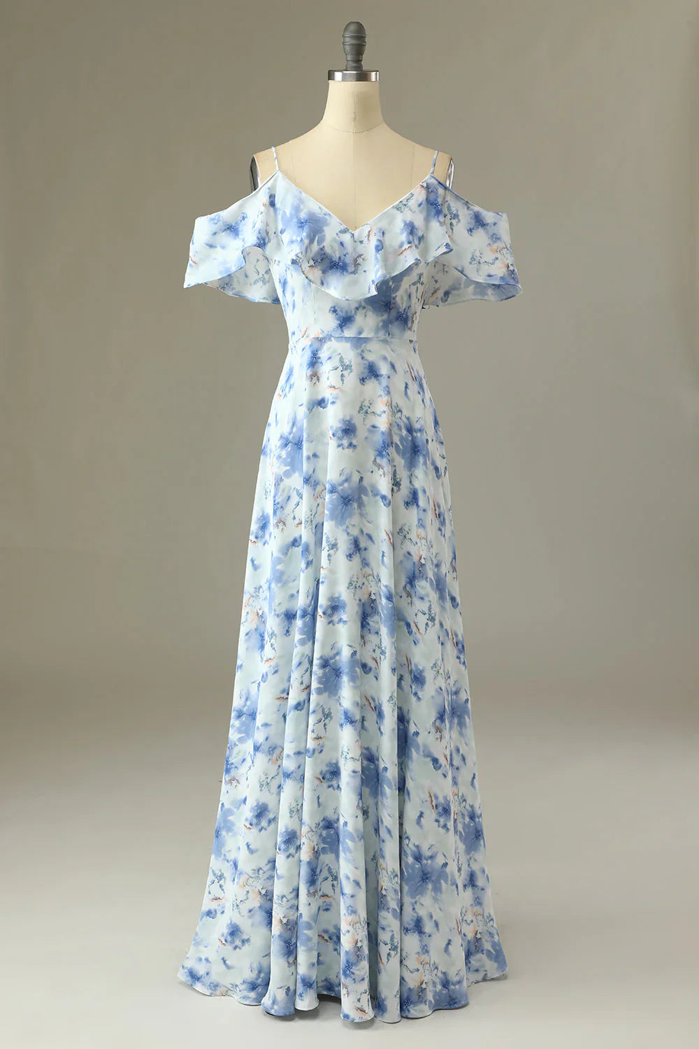 DingJiDress Blue A Line Wedding Guest Dresses Off the Shoulder Floral Print Long Prom Dresses