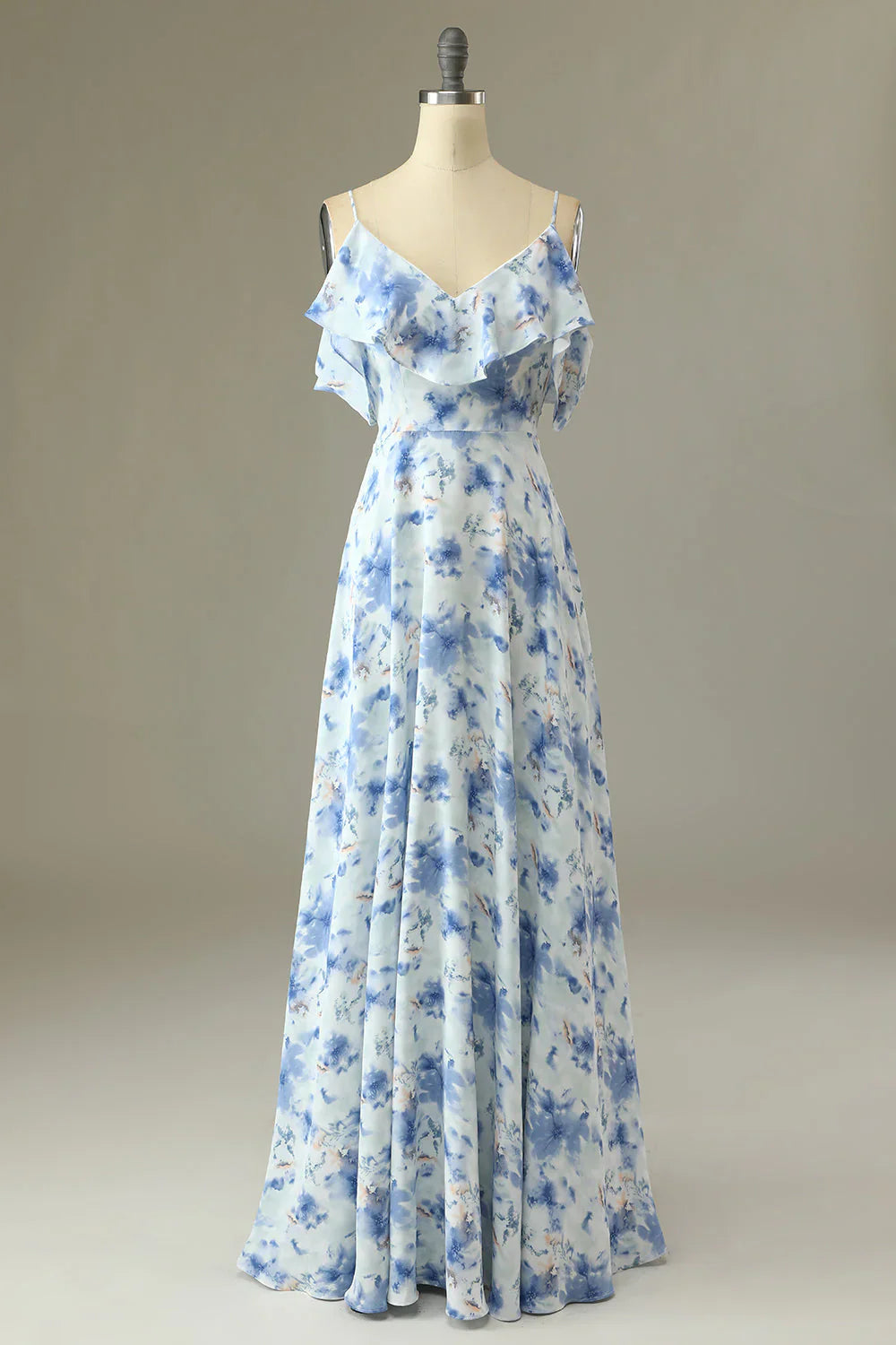 DingJiDress Blue A Line Wedding Guest Dresses Off the Shoulder Floral Print Long Prom Dresses