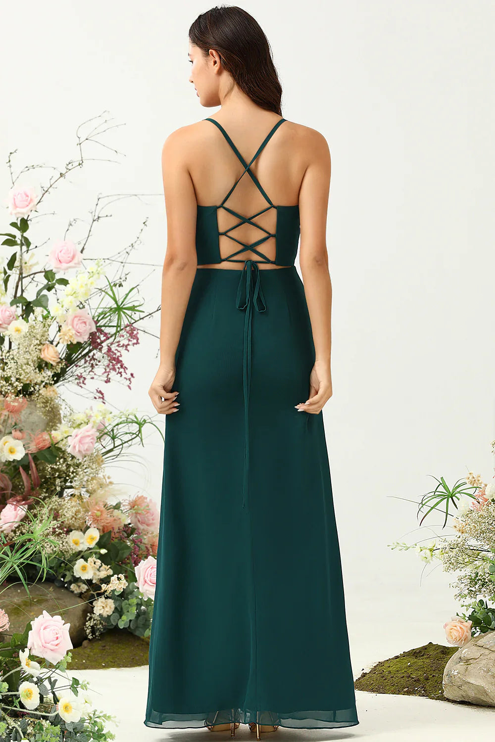 DingJiDress Pine A Line Spaghetti Straps Chiffon Bridesmaid Dress with Open Back
