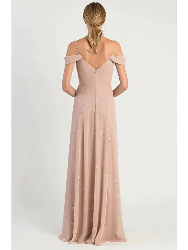 A-Line Bridesmaid Dress Spaghetti Strap Short Sleeve Open Back Sweep / Brush Train Chiffon with Pattern / Print / Split Front - luodilan