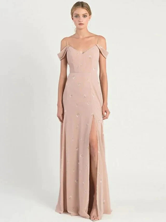 A-Line Bridesmaid Dress Spaghetti Strap Short Sleeve Open Back Sweep / Brush Train Chiffon with Pattern / Print / Split Front - luodilan
