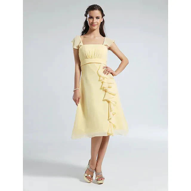 A-Line Bridesmaid Dress Straps Short Sleeve Elegant Knee Length Chiffon with Ruffles / Draping - luolandi