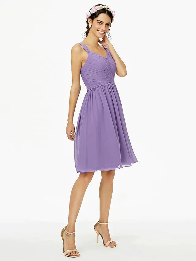 A-Line Bridesmaid Dress Straps Sleeveless Open Back Knee Length Chiffon with Sash / Ribbon / Bow(s) / Criss Cross - luolandi