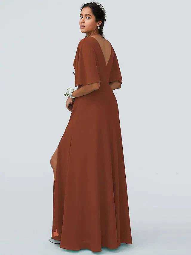 A-Line Bridesmaid Dress V Neck Short Sleeve Elegant Floor Length Chiffon with Split Front - luolandi