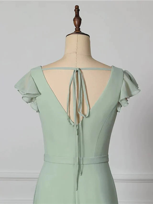 A-Line Bridesmaid Dress V Neck Short Sleeve Open Back Floor Length Chiffon with Draping - luodilan