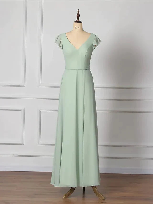 A-Line Bridesmaid Dress V Neck Short Sleeve Open Back Floor Length Chiffon with Draping - luodilan