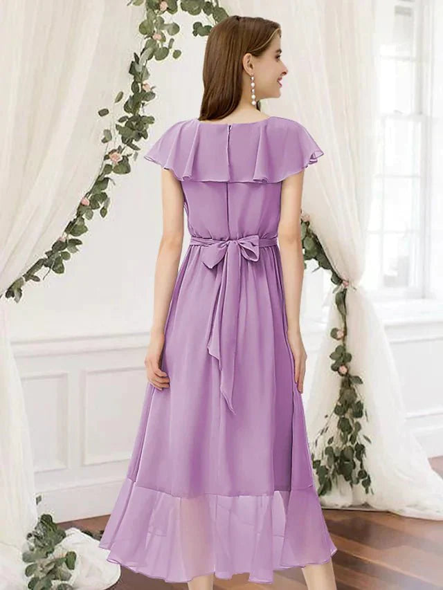 A-Line Bridesmaid Dress V Neck Sleeveless Elegant Asymmetrical Chiffon with Pleats / Ruffles - luodilan