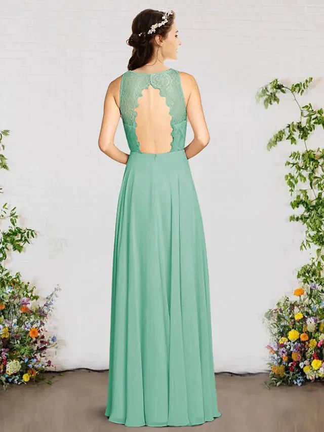 A-Line Bridesmaid Dress V Neck Sleeveless Elegant Floor Length Chiffon / Lace with Pleats - luodilan