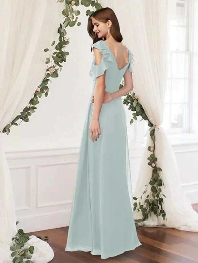 A-Line Bridesmaid Dress V Neck Sleeveless Elegant Floor Length Chiffon with Pleats / Ruffles - luodilan