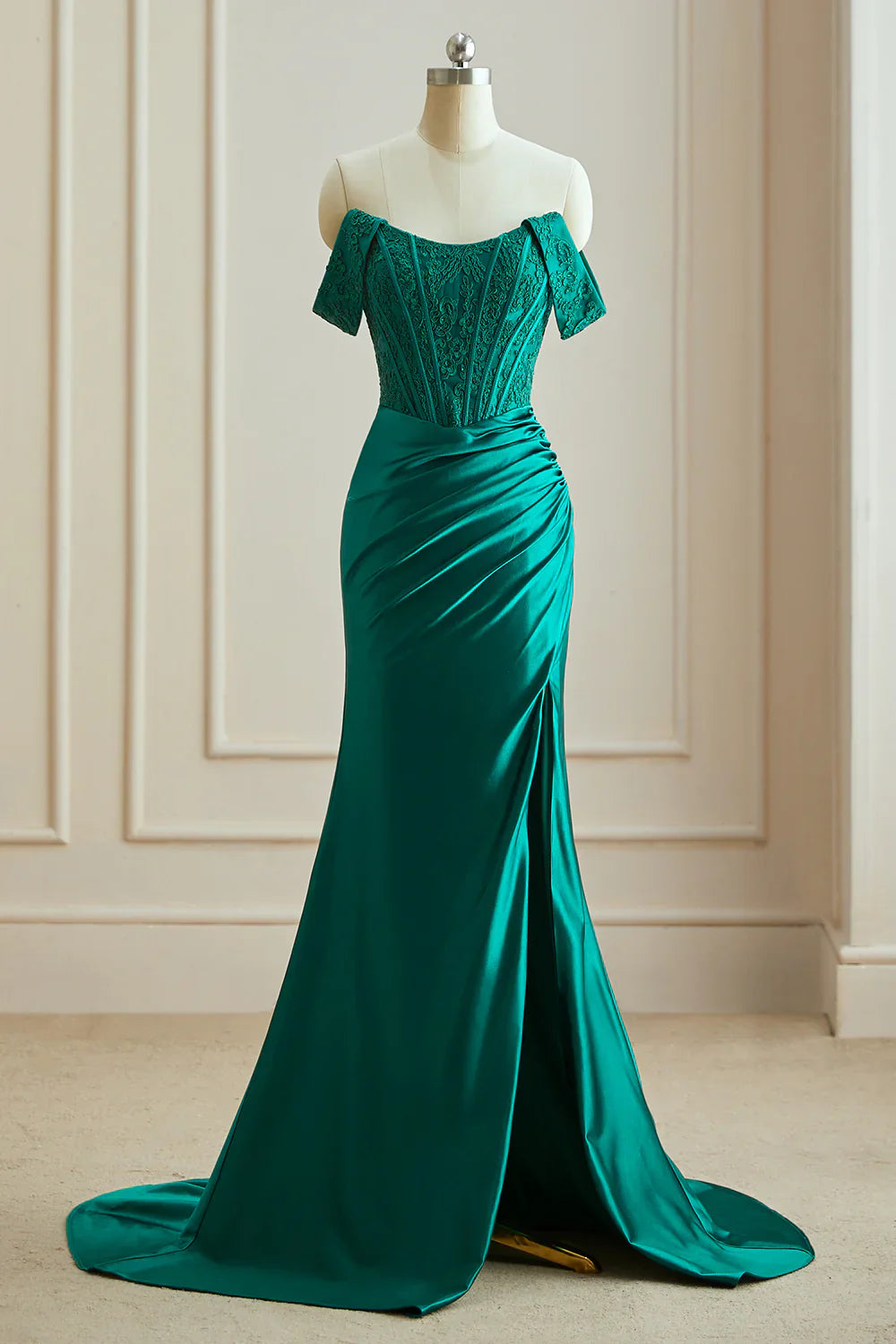 DingJiDress Mermaid Off the Shoulder Satin Prom Dress with Split