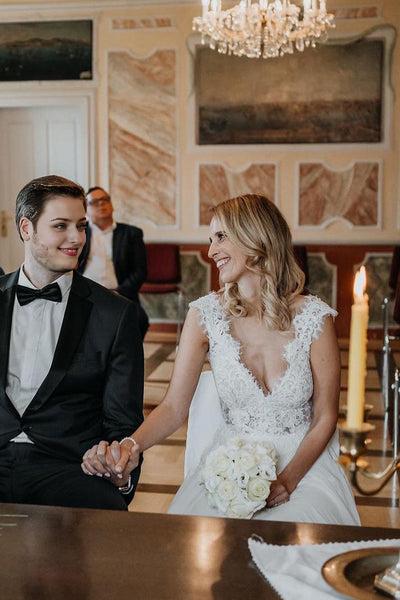 Fairy A Line V Neck Chiffon Lace Long Wedding Dresses