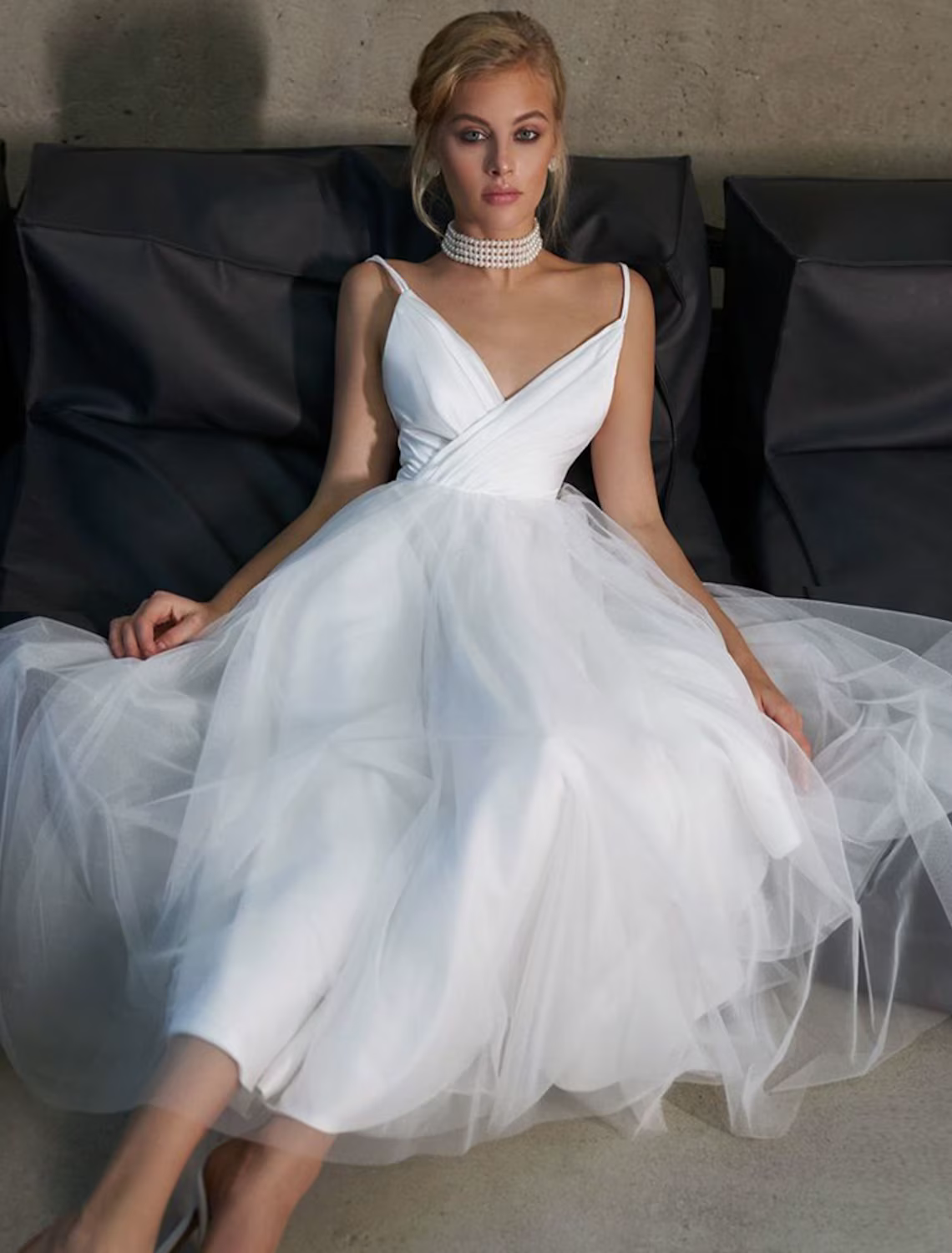 Bridal Shower Little White Dresses Casual Wedding Dresses Ankle Length A-Line Sleeveless Strap Tulle With