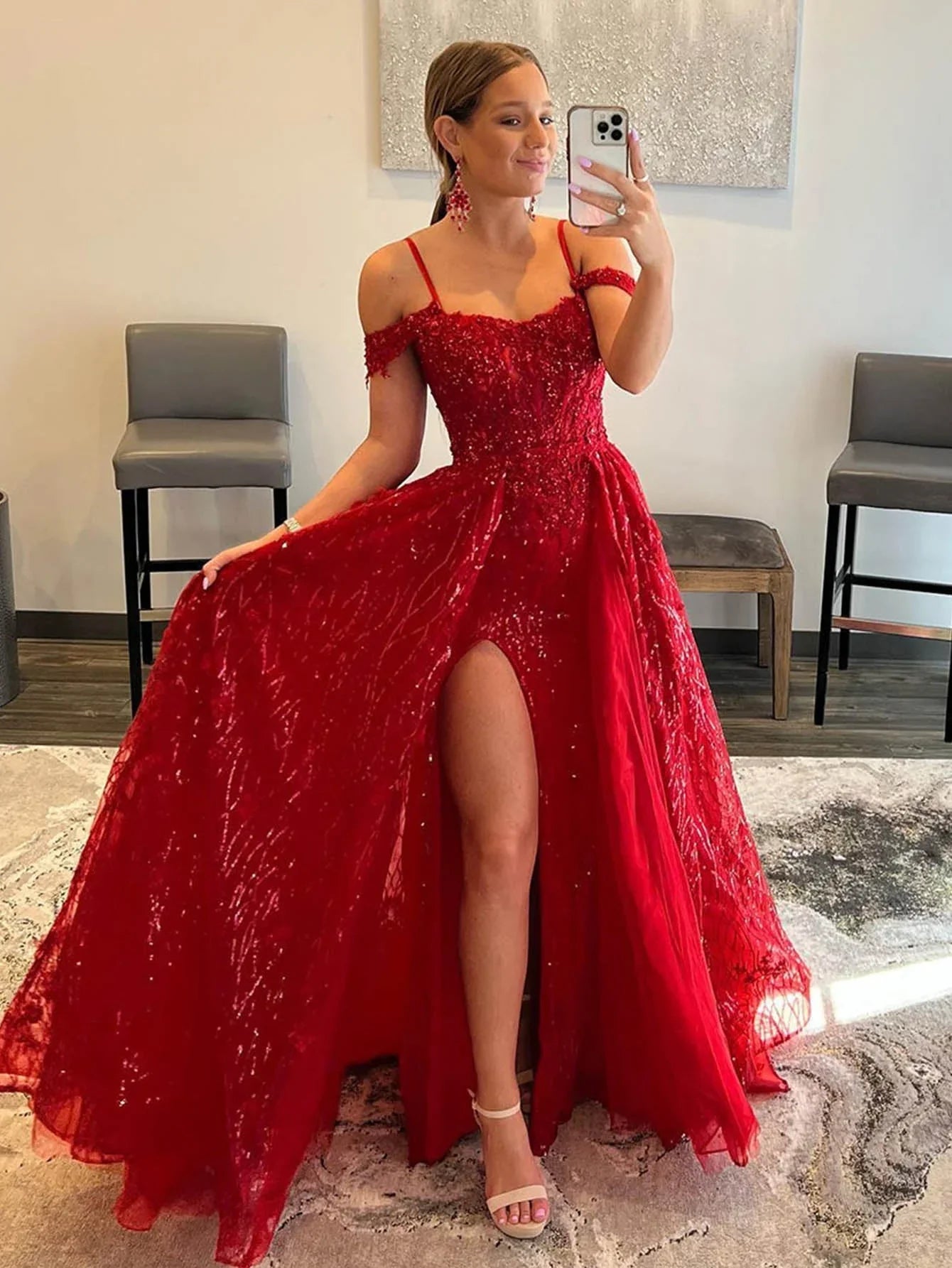 DingJiDress Prom Dresses A Line Off The Shoulder Sequin &amp; Lace&nbsp; Train&nbsp; With Slit