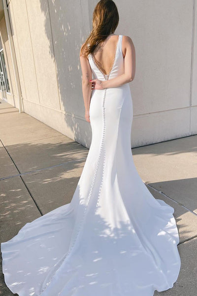 Charming Mermaid V Neck Elastic Satin Long Wedding Dresses with Beading