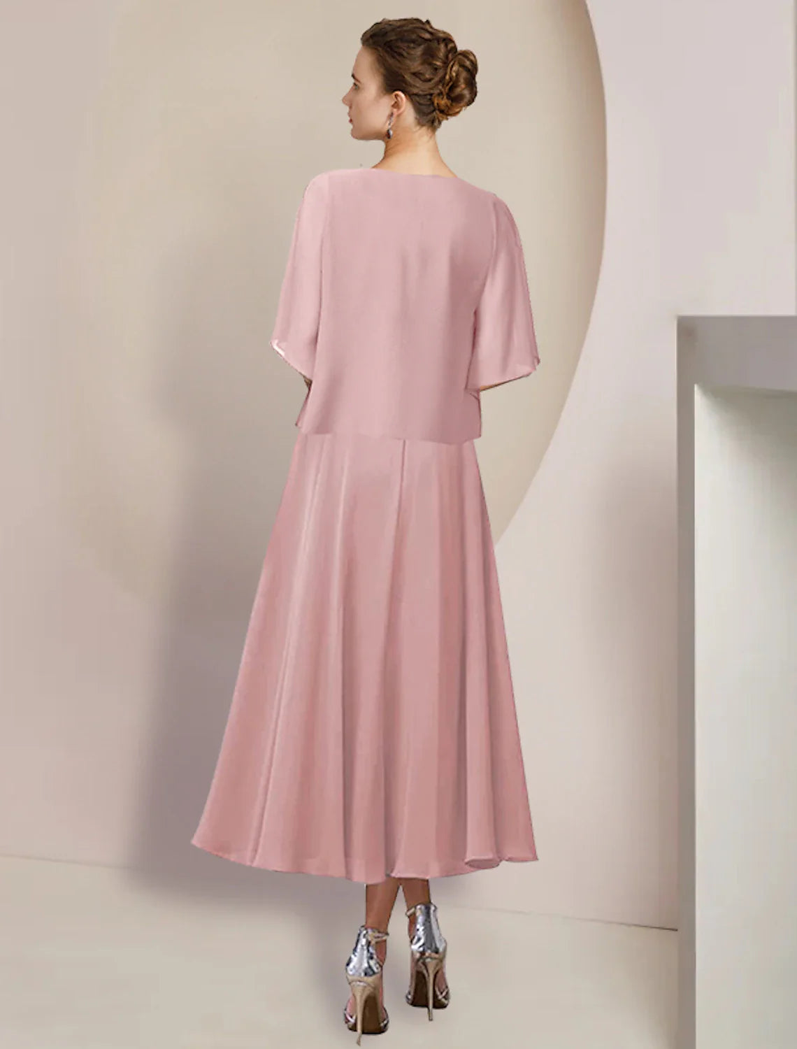 Two Piece A-Line Mother of the Bride Dress Formal Wedding Guest Elegant V Neck Tea Length Chiffon Lace 3/4 Length Sleeve Wrap Included with Appliques
