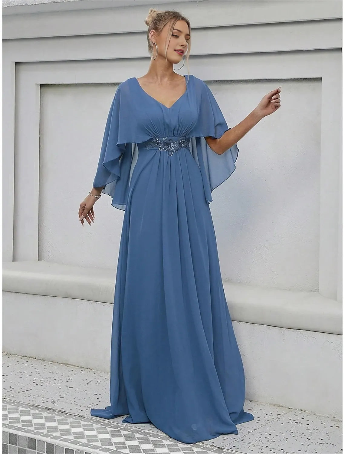 Dress Mother of the Bride Dress Elegant Party V Neck Floor Length Polyester Half Sleeve with Appliques