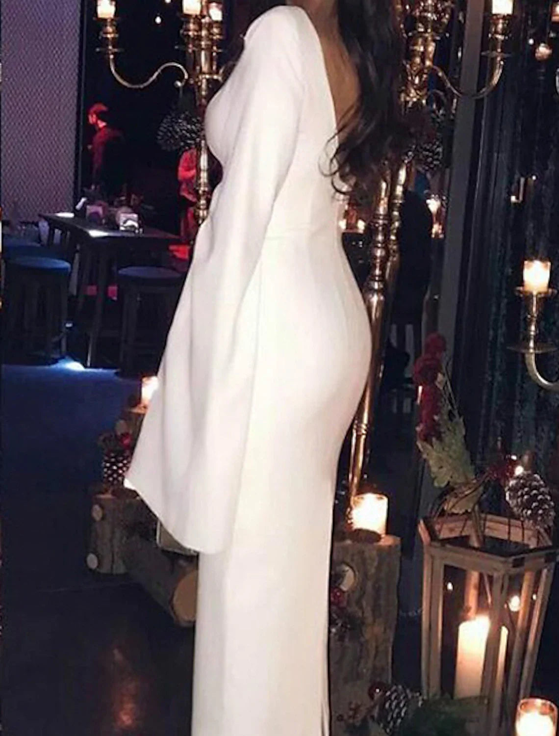 Sheath / Column Cocktail Dresses Party Dress Holiday Tea Length Long Sleeve Jewel Neck Fall Wedding Guest Jersey Backless