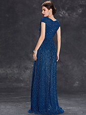 Dress Mother of the Bride Dress Elegant Party V Neck Floor Length Chiffon Polyester Short Sleeve with Sequin