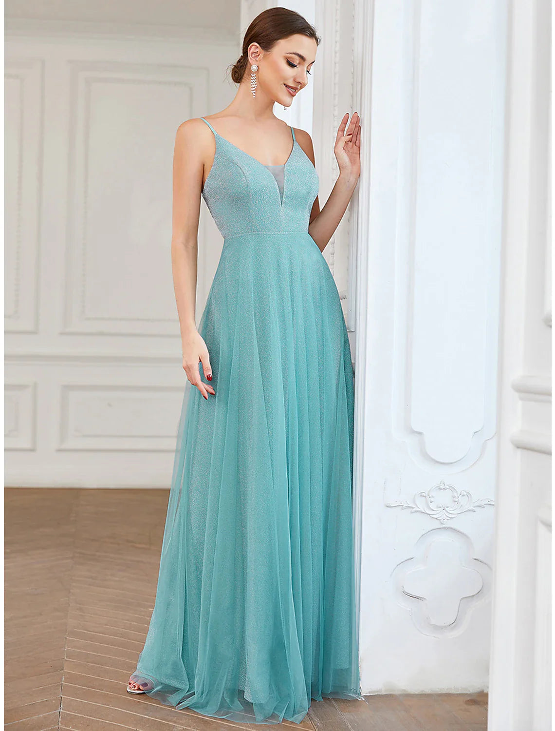 A-Line Prom Dresses Elegant Dress Wedding Guest Floor Length Sleeveless V Neck Tulle with Draping