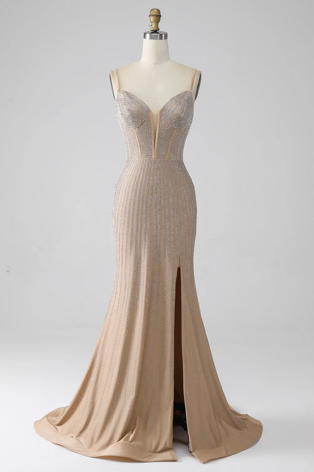 DingJiDress Sparkly Champagne Mermaid Spaghetti Straps Long Prom Dress with Slit