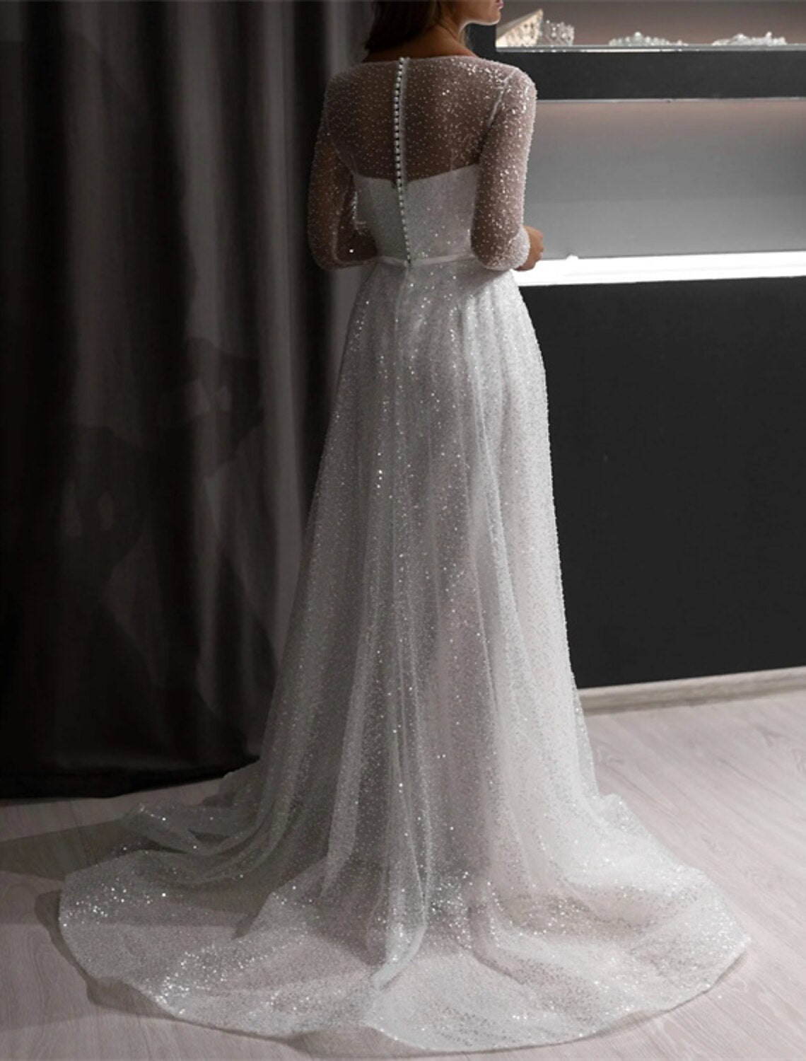 A-Line Evening Gown Sparkle & Shine Dress Wedding Court Train Long Sleeve Jewel Neck Fall Wedding Reception Sequined with Glitter