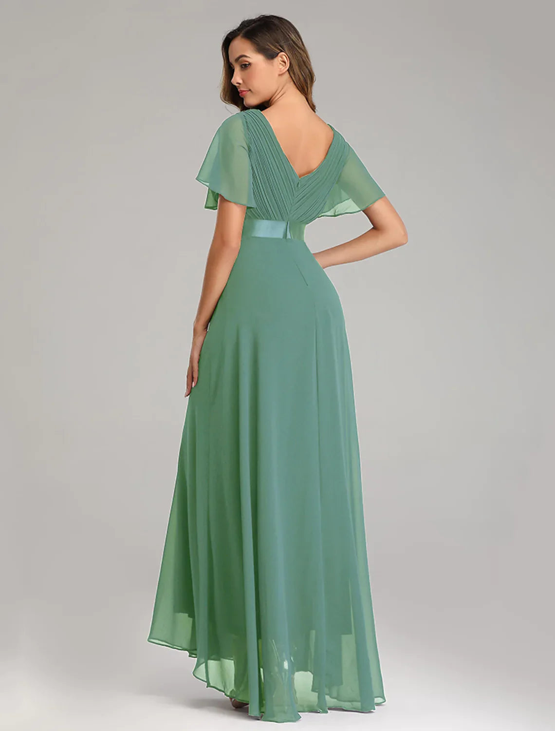 A-Line Prom Dresses Dress Graduation Floor Length Short Sleeve V Neck Chiffon V Back with Ruched Ruffles