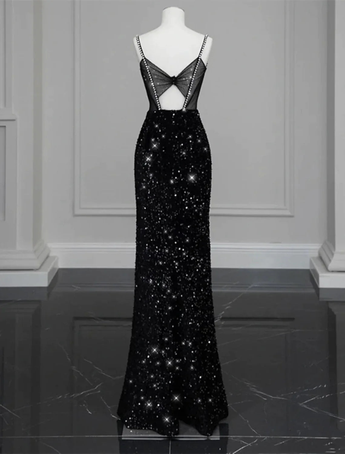 Evening Gown Sexy Dress Formal Floor Length Sleeveless Strap Sequined with Bow(s) Crystals