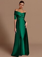Dress Formal Wedding Guest Elegant Party Off Shoulder Floor Length Satin Half Sleeve with Ruching