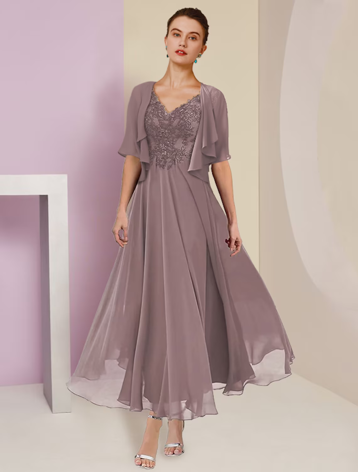 Two Piece A-Line Mother of the Bride Dress Formal Wedding Guest Elegant V Neck Length Lace Short Sleeve Wrap Included with Pleats Appliques