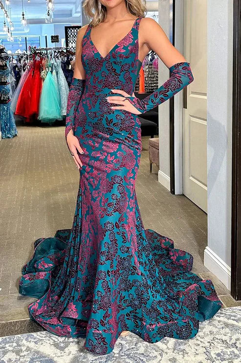 DingJiDress Mermaid Evening Dress V Neck Blue Backless Long Prom Dresses
