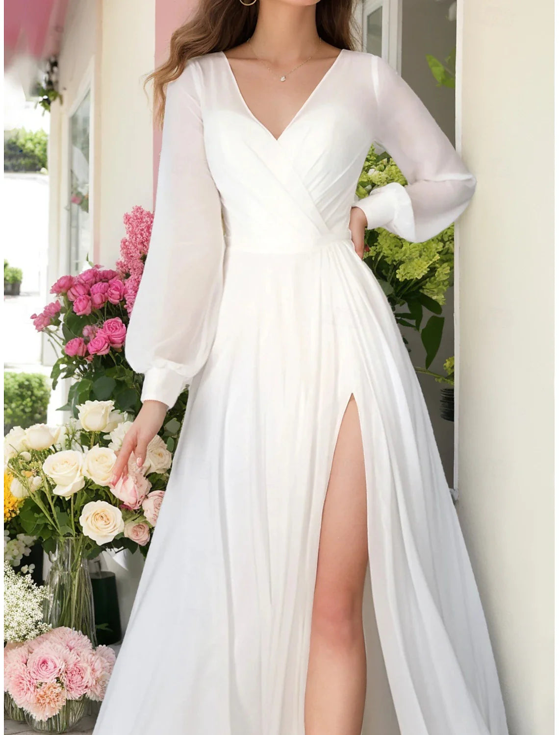 DingJiDress Wedding Dresses A-Line V Neck Long Sleeve Floor Length Chiffon Bridal Gowns With Ruched