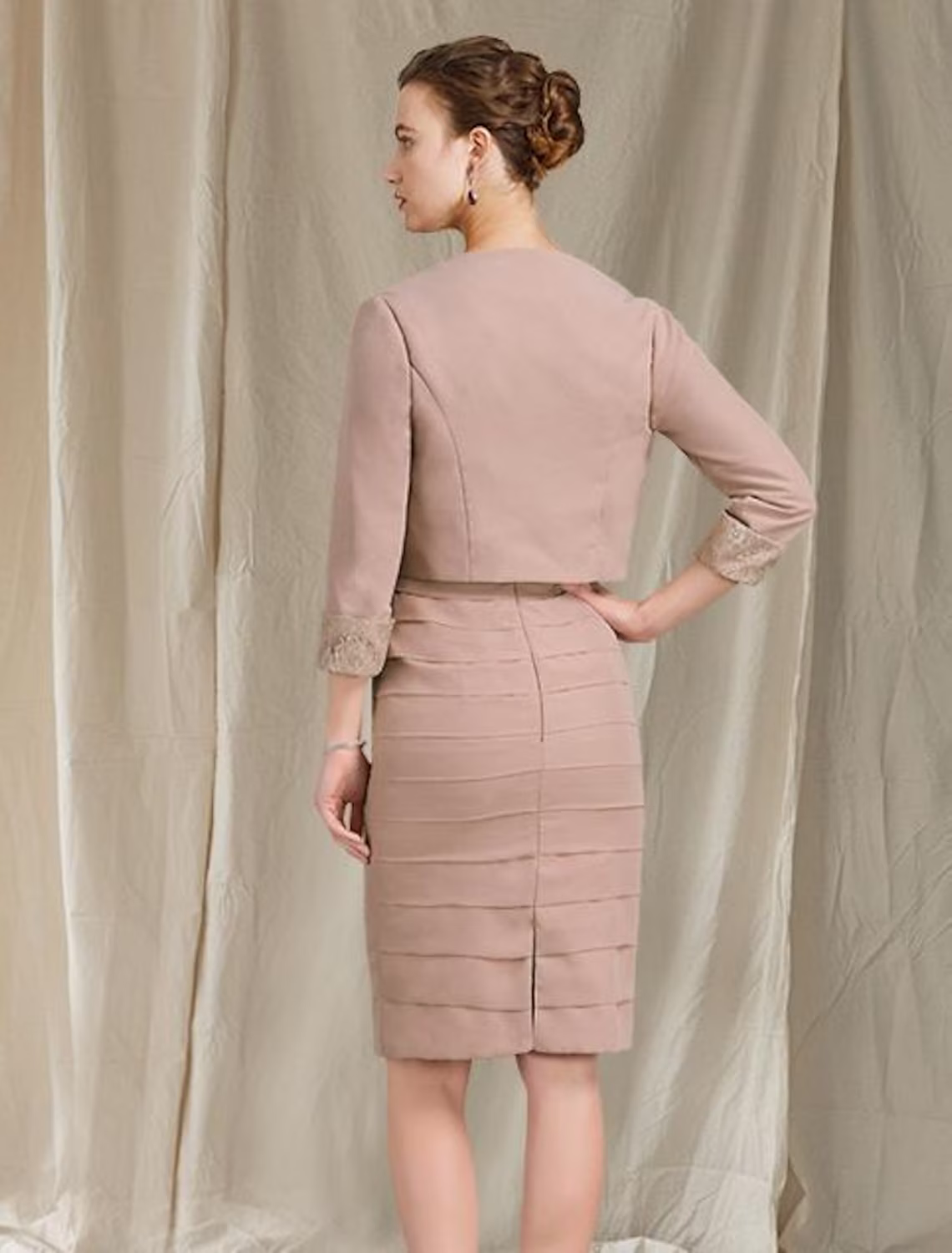 Two Piece Mother of the Bride Dress Church Elegant Knee Length Chiffon Short Sleeve Wrap Included with Tier