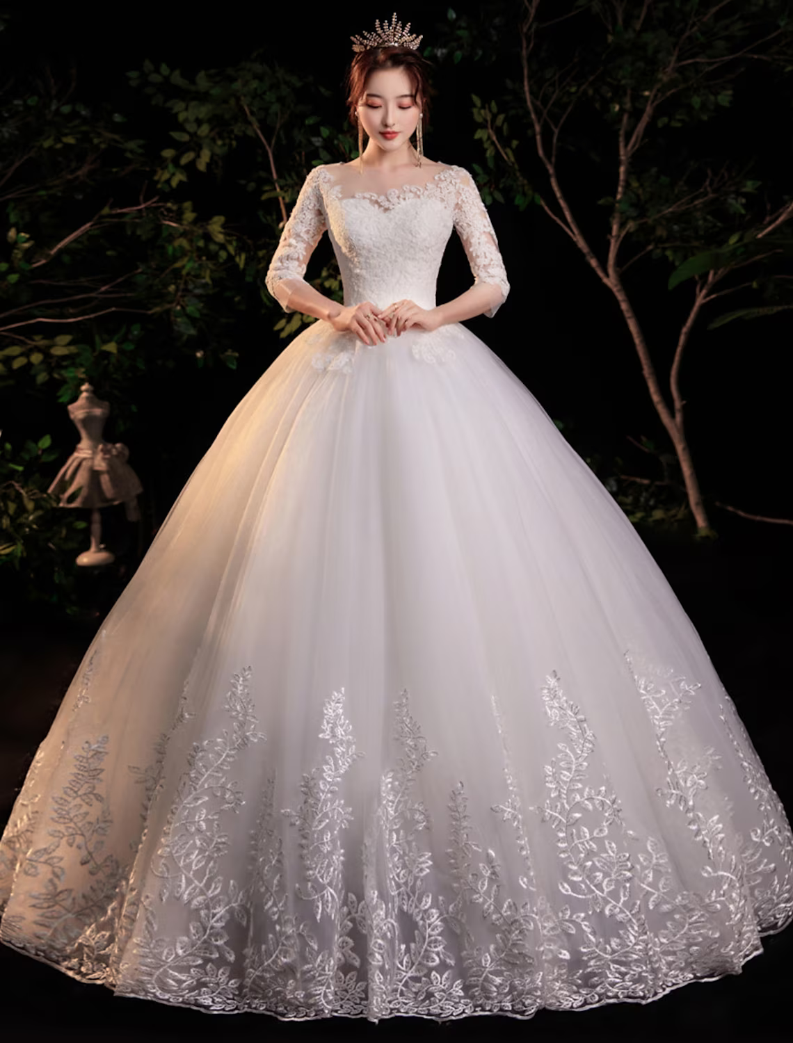Engagement Formal Wedding Dresses Floor Length Princess Half Sleeve Jewel Neck Lace With Appliques