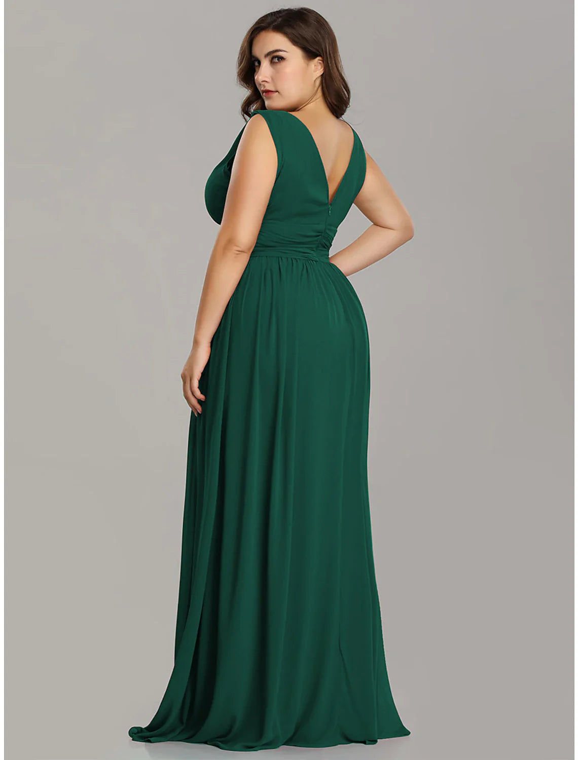 A-Line Plus Size Wedding Formal Evening Dress V Neck V Back Sleeveless Floor Length Chiffon with Pleats