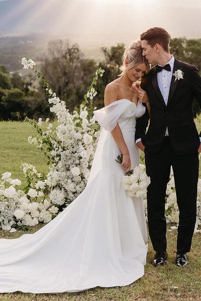 Fairy Mermaid Off the Shoulder Satin Wedding Dress with Bow