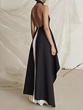 Evening Gown Black Dress Dress Evening Party Black Tie Gala Floor Length Sleeveless Stand Collar  Chiffon Backless with Pleats Slit