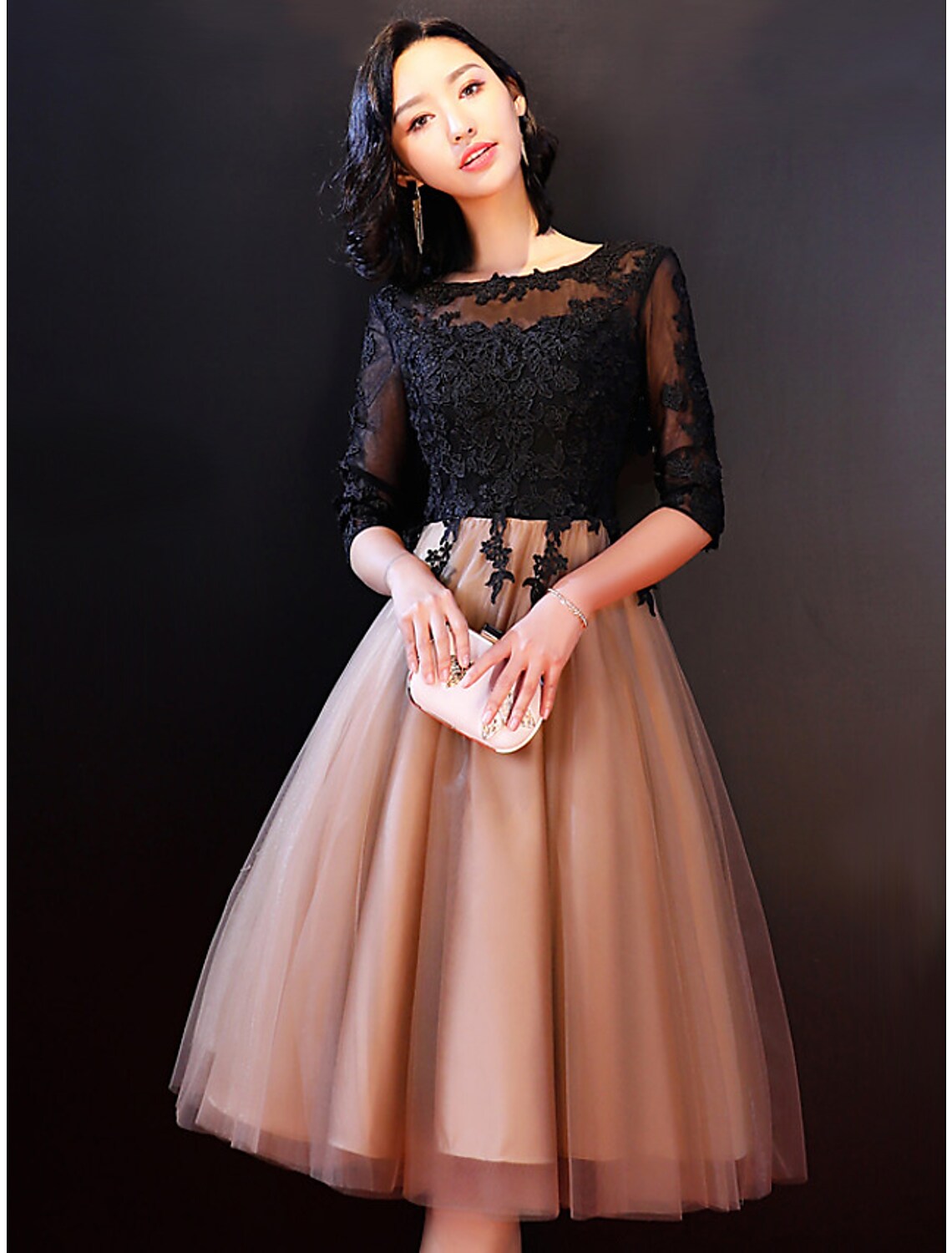 A-Line Wedding Dress Boat Neck Backless Half Sleeve Knee Length Lace Appliques