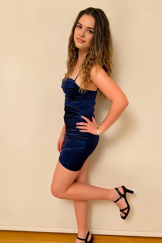 beautiful Spaghetti Strap Blue Homecoming Dress Satin Ruched Bodycon Mini for Stylish  Hot Sale