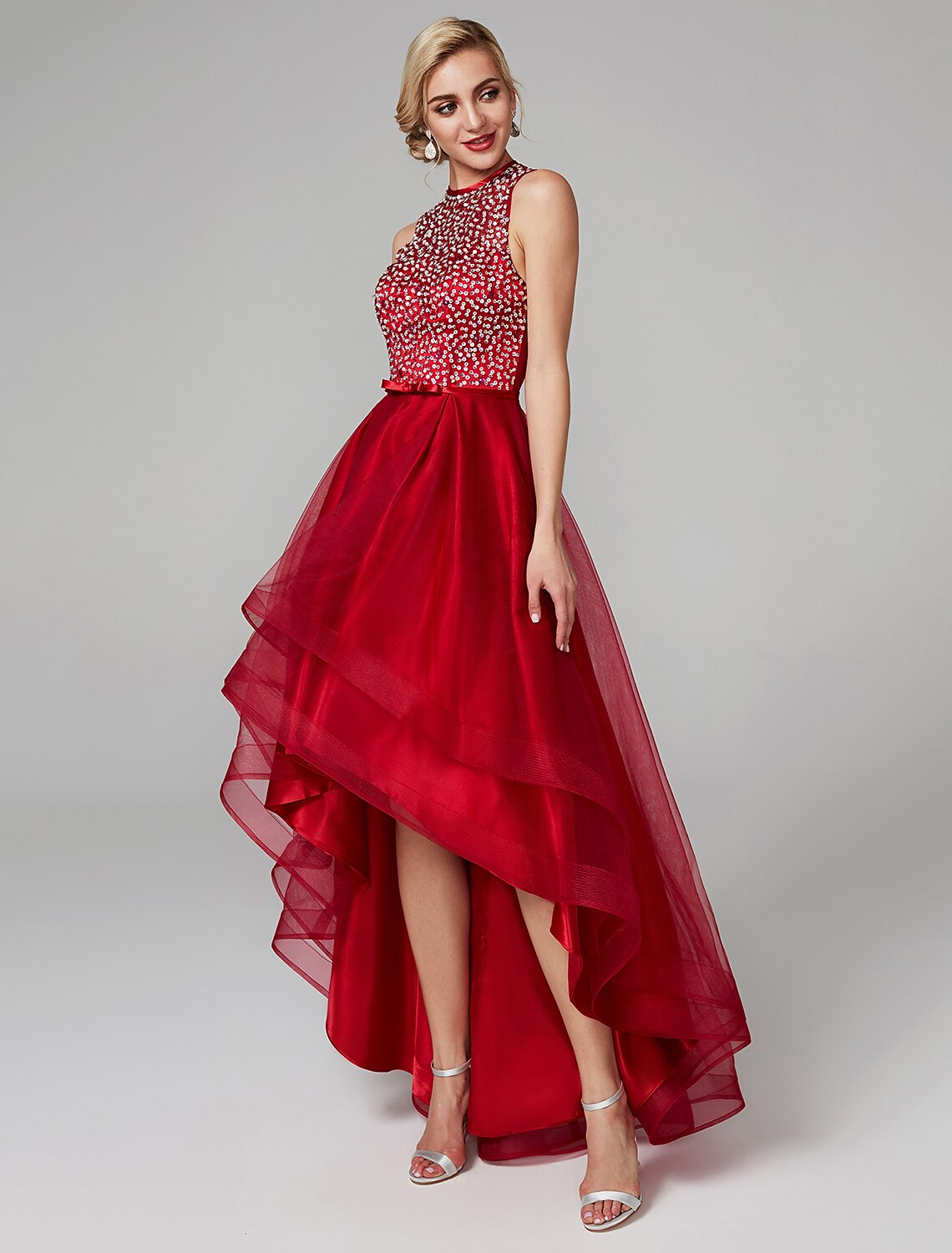 A-Line Sparkle & Shine Dress Wedding Guest Asymmetrical Sleeveless Jewel Neck Satin with Bow(s) Sequin