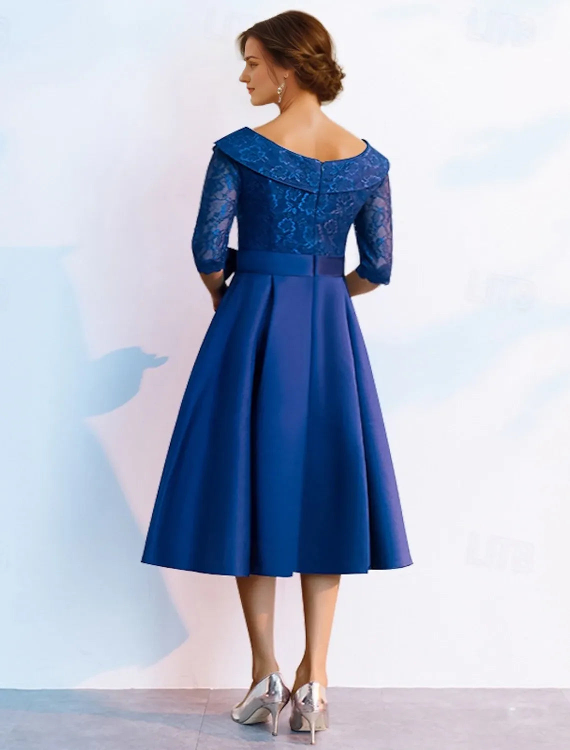 A-Line Mother of the Bride Dress Elegant V Neck Tea Length Lace 3/4 Length Sleeve with Bow(s) Derby Dress Race Day Dress