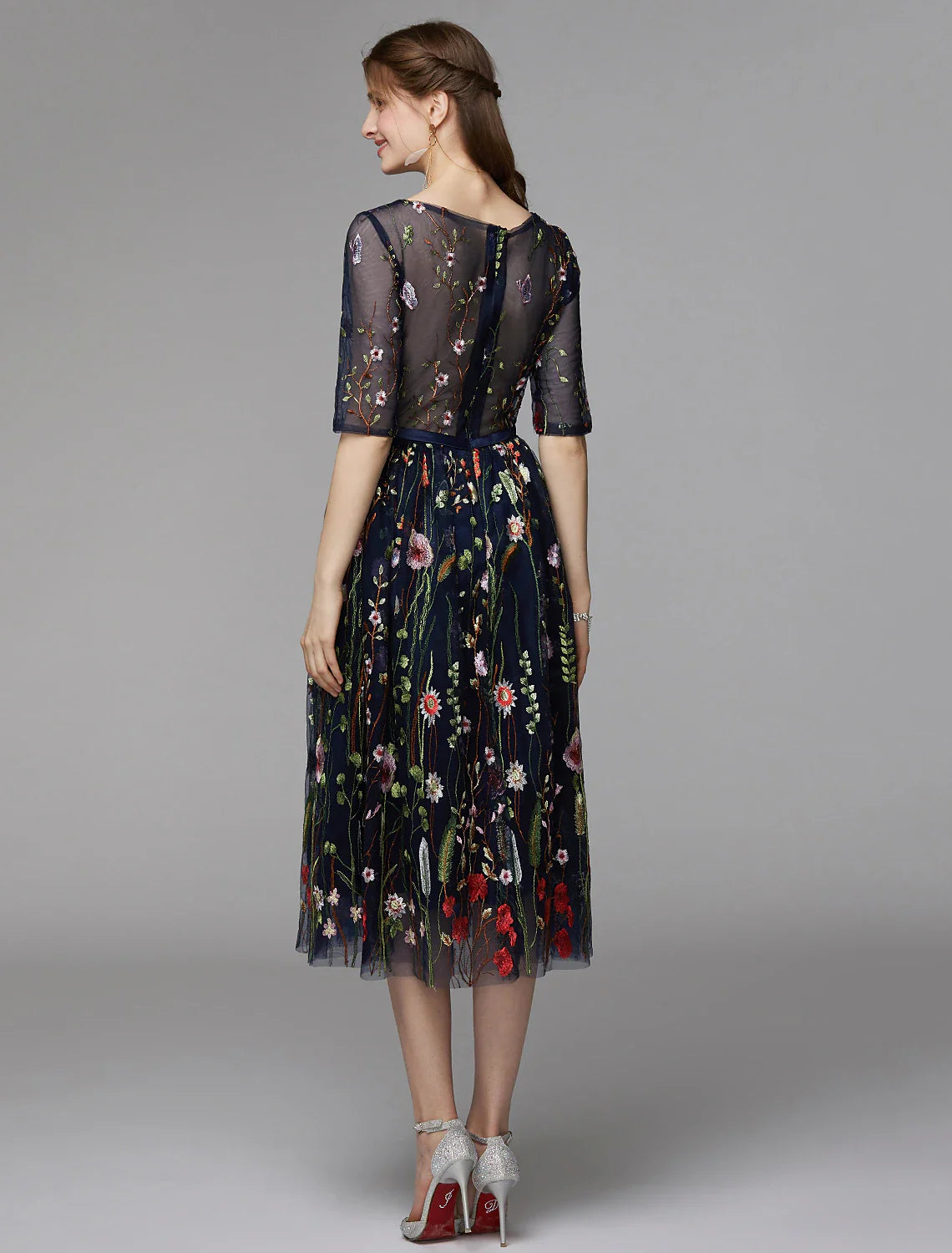 A-Line Party Dress Holiday Tea Length Half Sleeve Illusion Neck Fall Wedding Guest Organza with Embroidery Appliques