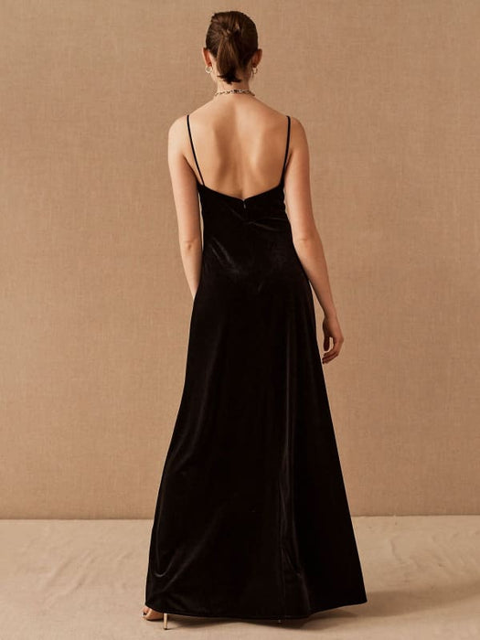 Black Evening Dress A-Line Sweetheart Neck Sleeveless Velour Floor-Length Social Party Dresses
