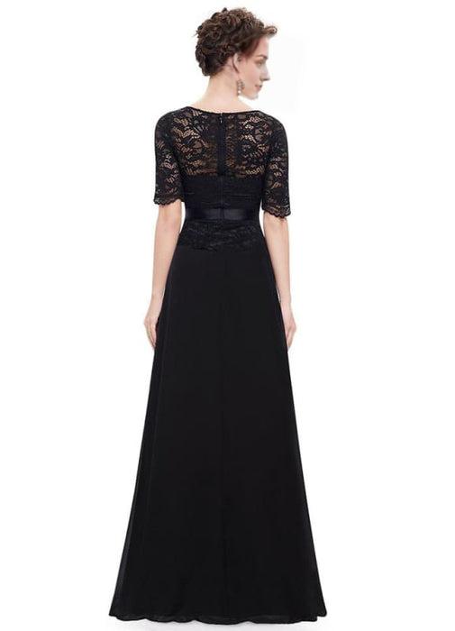 Black Evening Dresses Lace Applique Mother Of The Bride Dresses Chiffon Jewel Neck Half Sleeve A Line Floor Length Wedding Guest Dresses