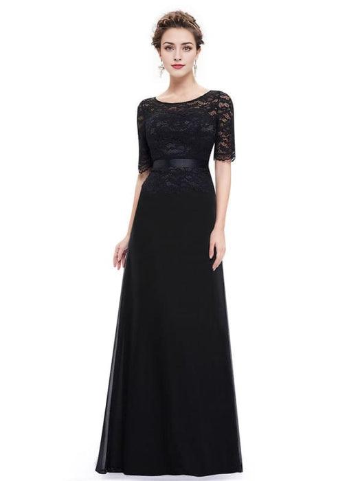 Black Evening Dresses Lace Applique Mother Of The Bride Dresses Chiffon Jewel Neck Half Sleeve A Line Floor Length Wedding Guest Dresses