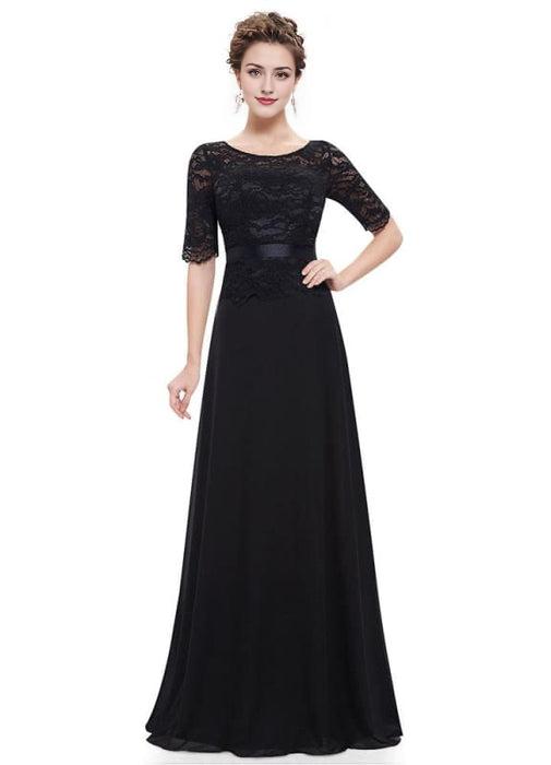 Black Evening Dresses Lace Applique Mother Of The Bride Dresses Chiffon Jewel Neck Half Sleeve A Line Floor Length Wedding Guest Dresses