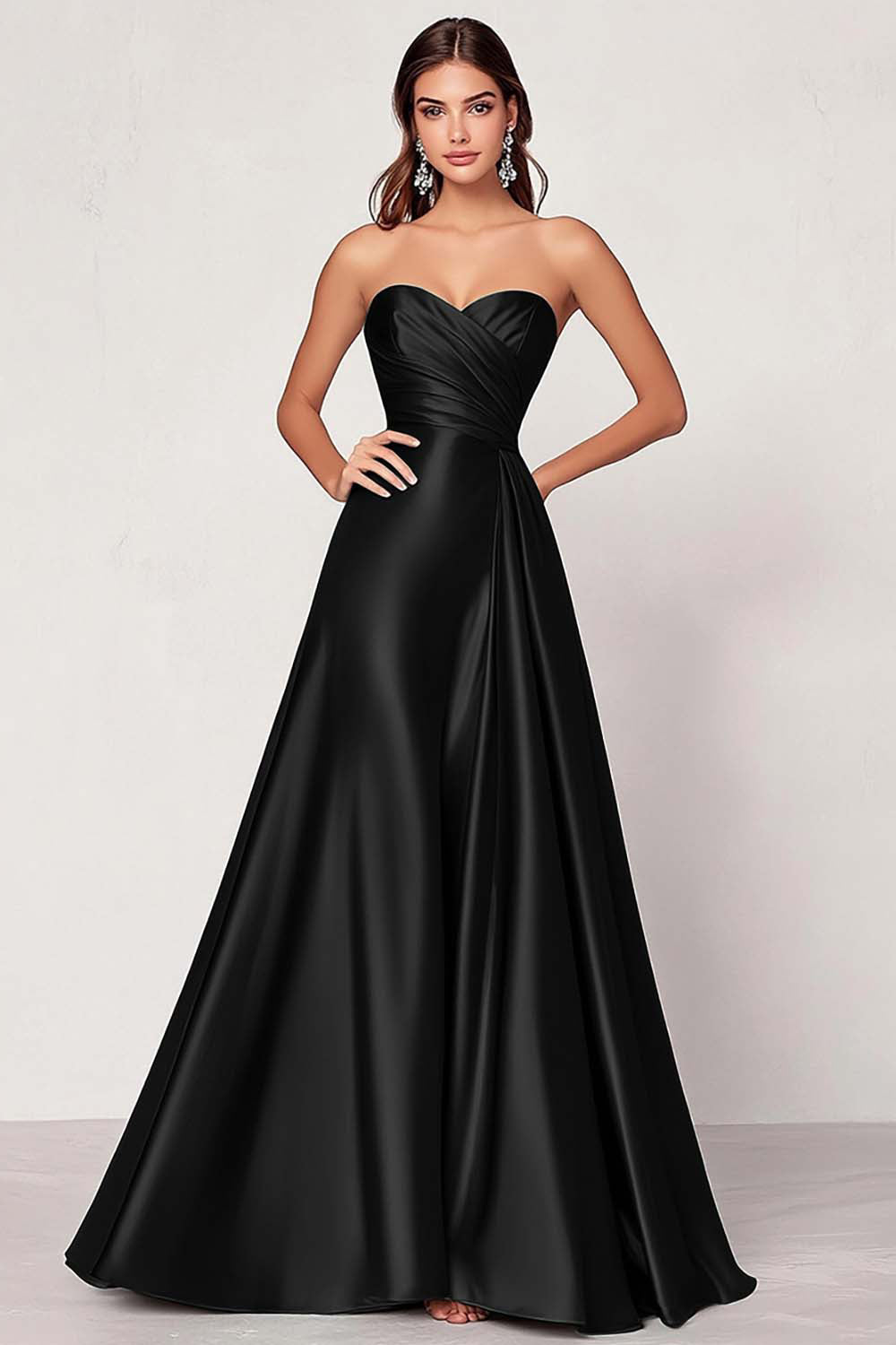 Dusty Blue Satin A Line Sweetheart Long Ruched Prom Dress ﻿