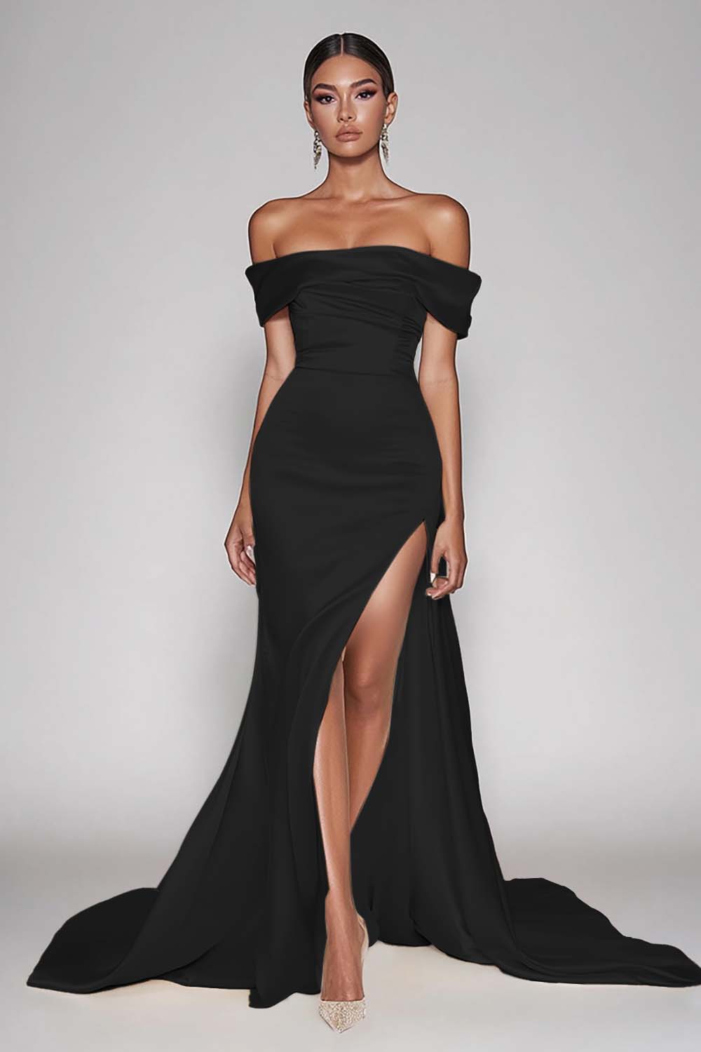Cabernet Satin Off the Shoulder Long Sheath Prom Dress with Slit