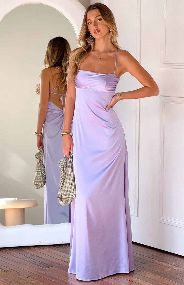 Elegant Lavender Satin Prom Dress with Square Neckline and Body - Conforming Fit for Formal Galas