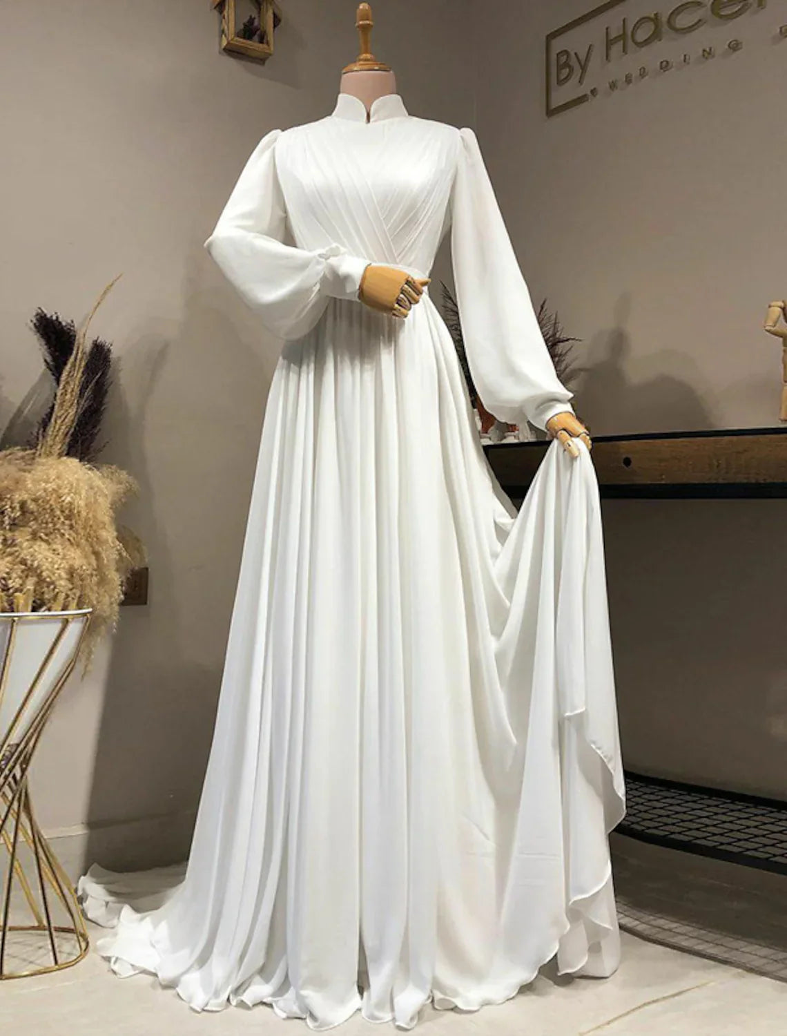 Vintage Casual Wedding Dresses A-Line Long Sleeve High Neck Chiffon With Pleats