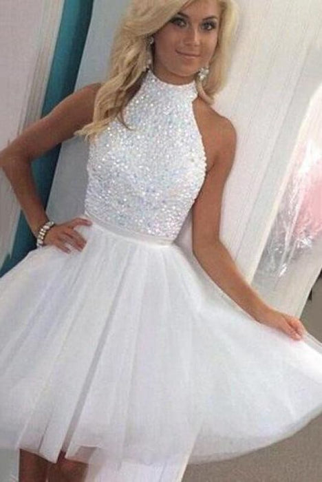 White Crystal High Collar Short Homecoming Dresses Tulle Sleeveless Mini Cocktail Gowns